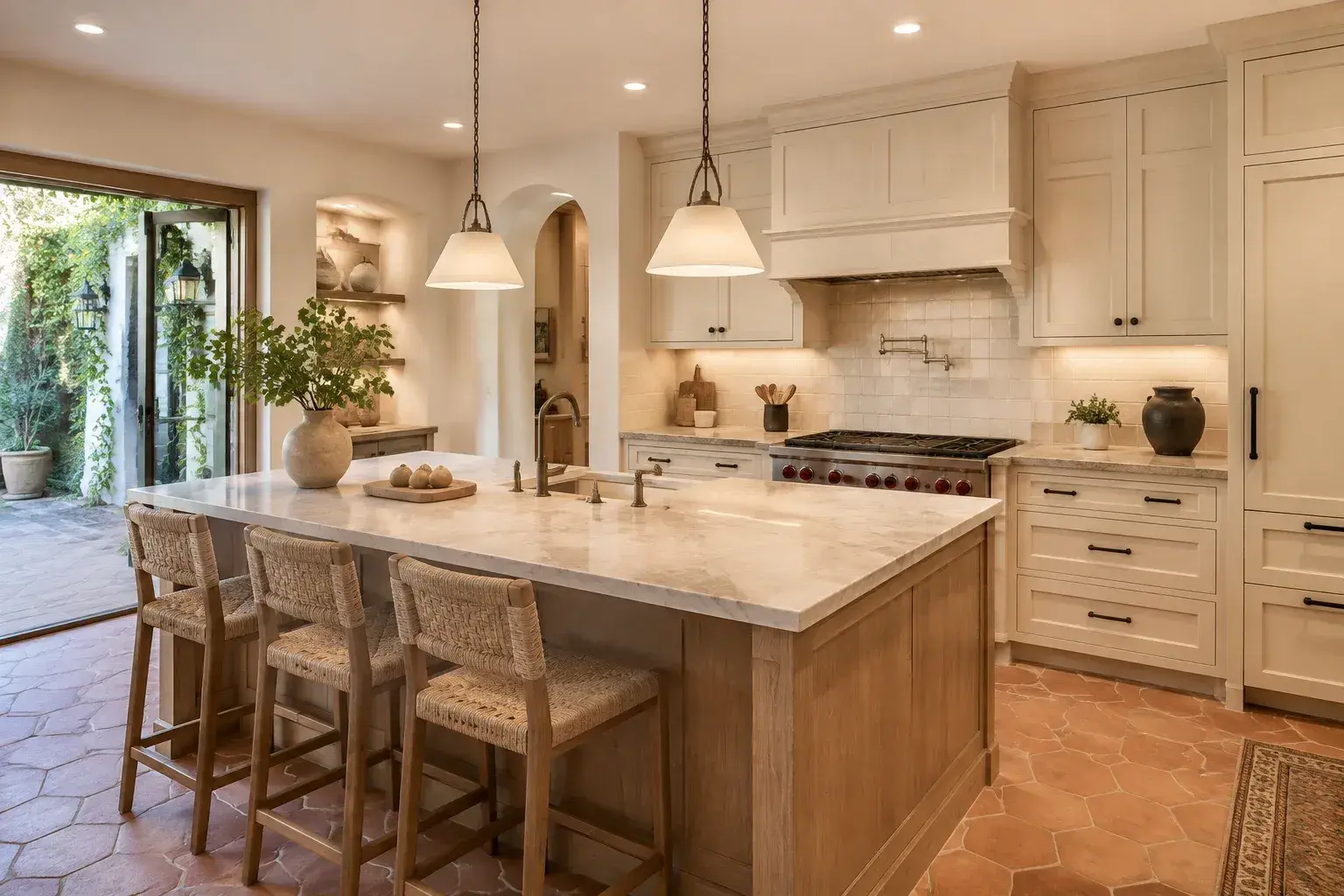 Quartz countertop with a waterfall return